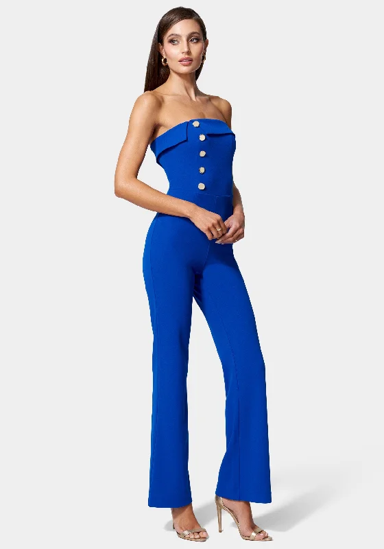 Knit Crepe Strapless Button Detail Wide Leg Jumpsuit