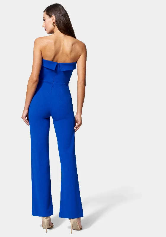 Knit Crepe Strapless Button Detail Wide Leg Jumpsuit