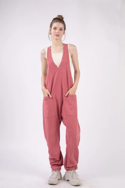 Hot Girl Basic Bae Plunge Racerback Jumpsuit with Pockets In Brick Red