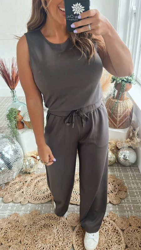 Wide Leg Drawstring Jumpsuit, Dark Charcoal