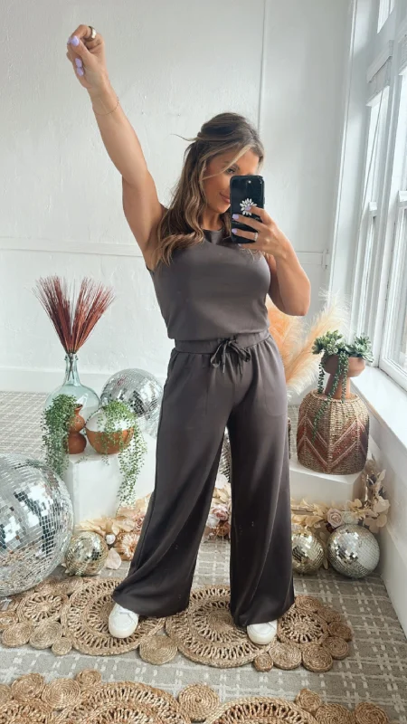 Wide Leg Drawstring Jumpsuit, Dark Charcoal