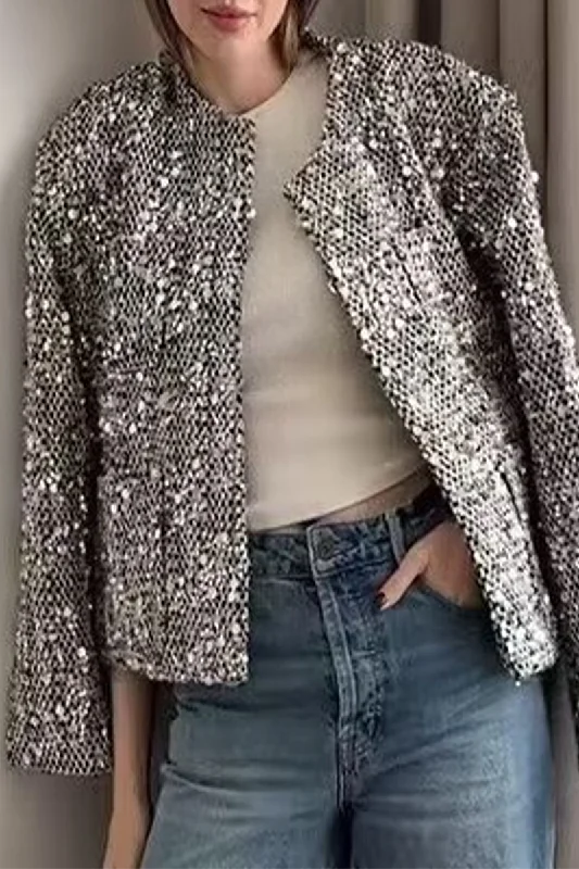 Casual Solid Color Sequins Patchwork O Neck Outerwear