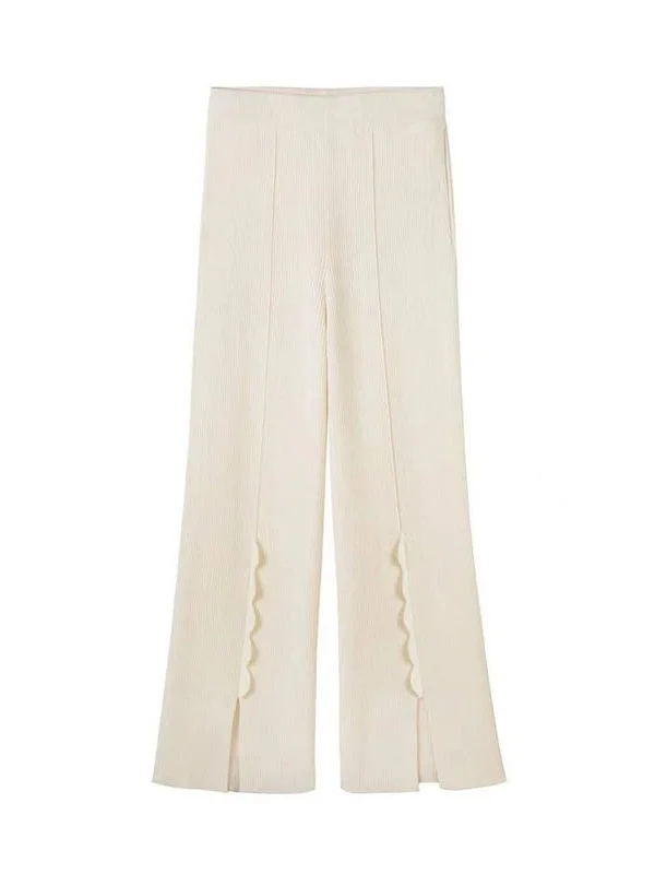 Front-Slit Knitted Pants With Unique Wavy Petal Design