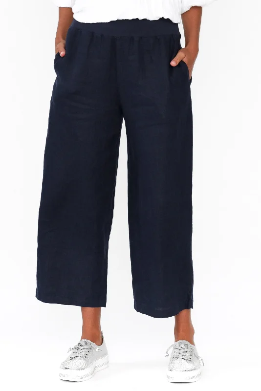 Griffin Navy Linen Wide Leg Pants