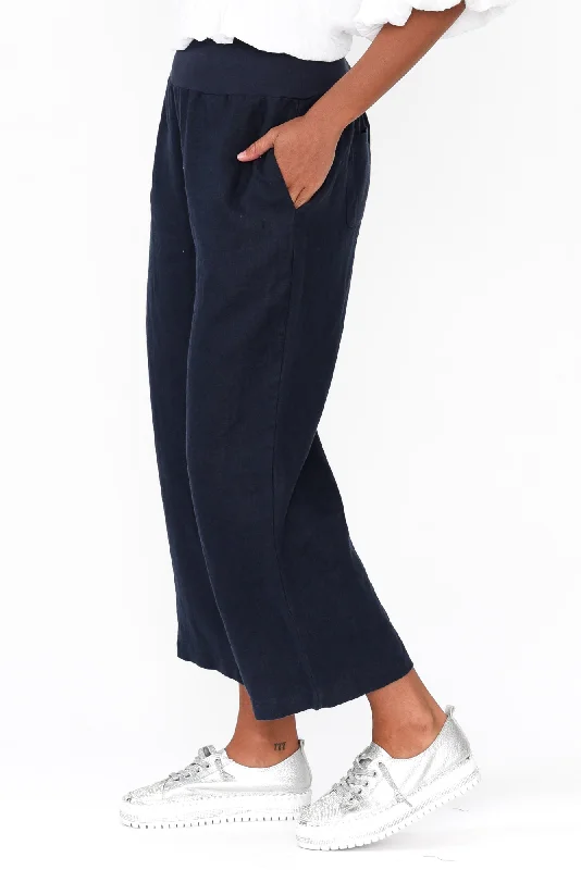 Griffin Navy Linen Wide Leg Pants