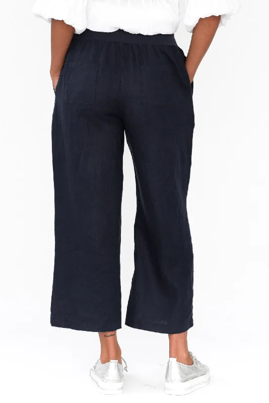 Griffin Navy Linen Wide Leg Pants