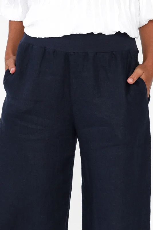 Griffin Navy Linen Wide Leg Pants