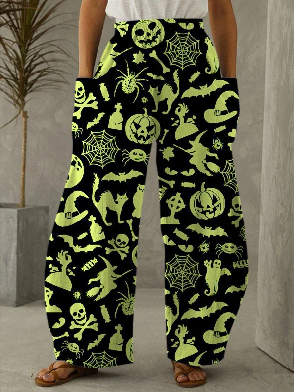 Halloween Skull Fluorescent Floral Print Loose Elastic Waist Trousers