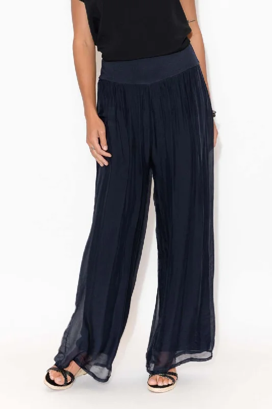 Laurier Navy Silk Wide Leg Pants