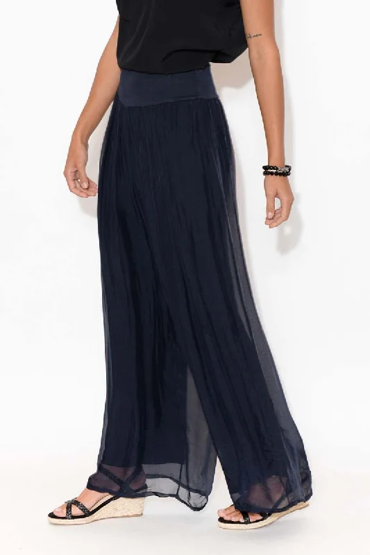 Laurier Navy Silk Wide Leg Pants