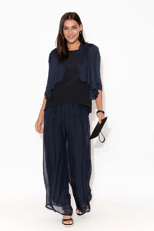 Laurier Navy Silk Wide Leg Pants