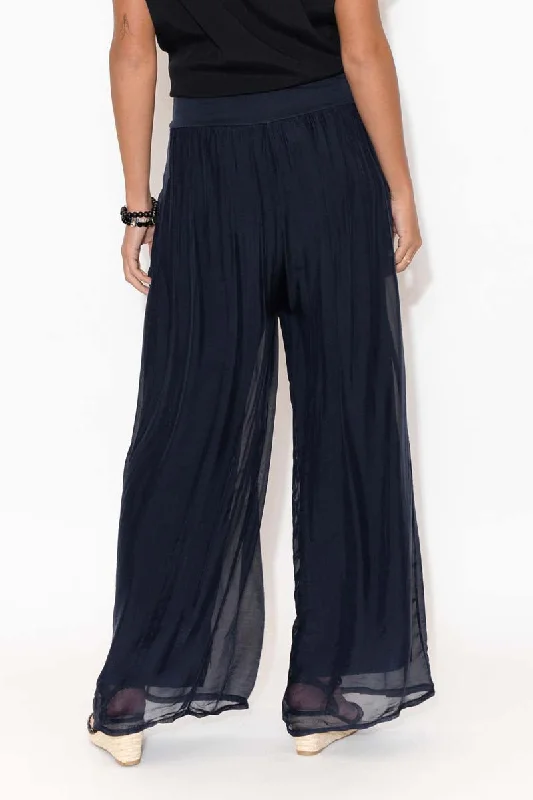 Laurier Navy Silk Wide Leg Pants