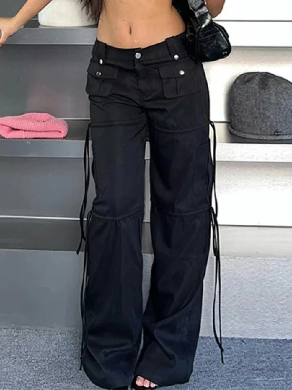 Low Waist Pocket Ribbon Splice Cargo Pants