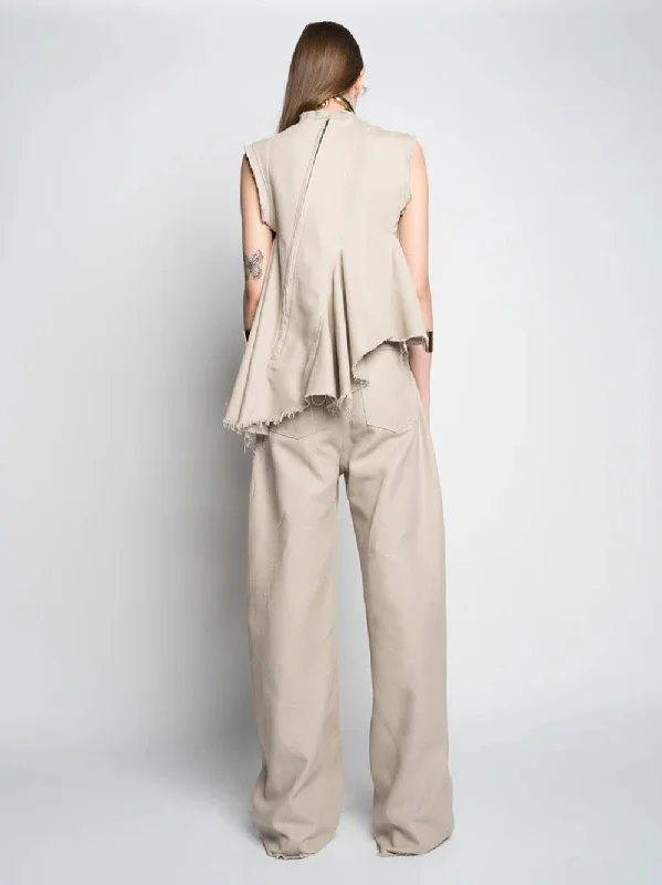 Woven Cotton Boyfriend Style Trousers Beige