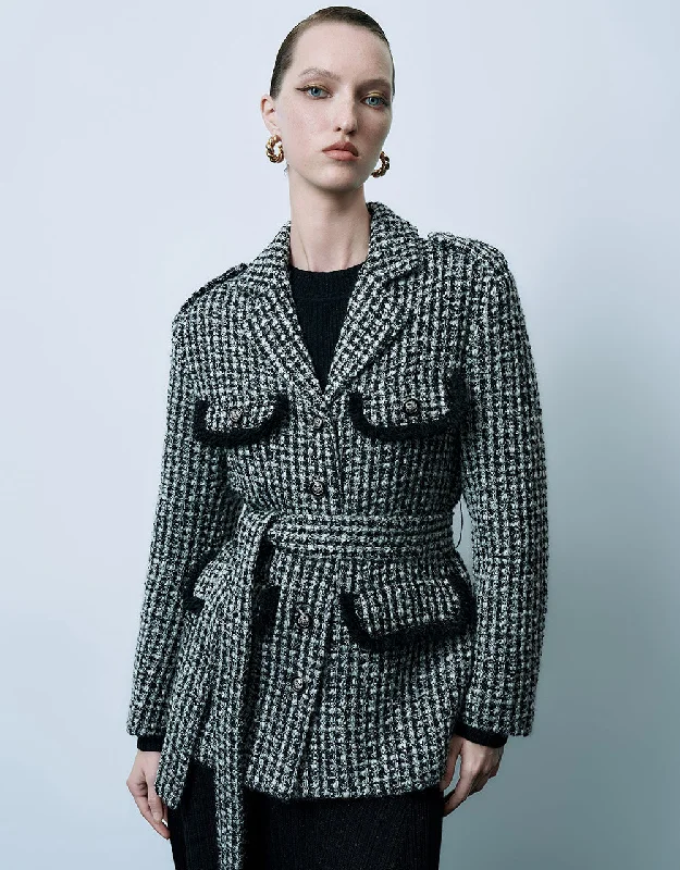 Notch Lapel Tweed Jacket With Belt