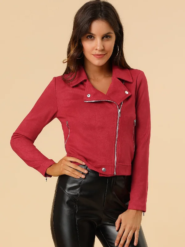 Casual Short Soft Zip Up Faux Suede Biker Moto Jacket