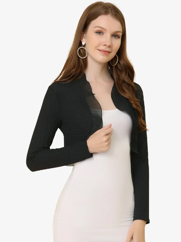 ElegantLong Sleeve Textured Open Front Ruffle Bolero Crop Shrugs