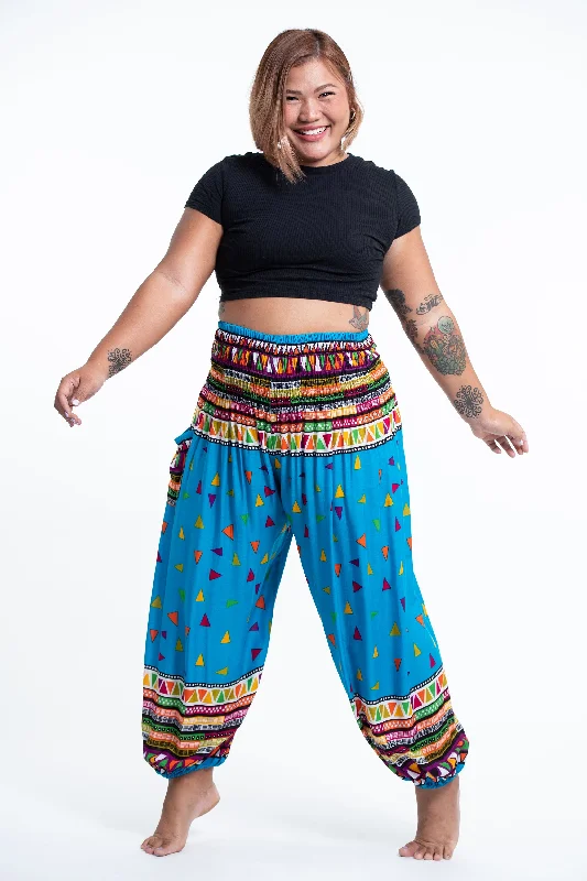 Plus Size Triangles Women's Harem Pants in Ocean Blue