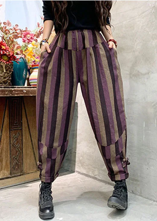 Purple Striped Patchwork Cotton harem pants Spring