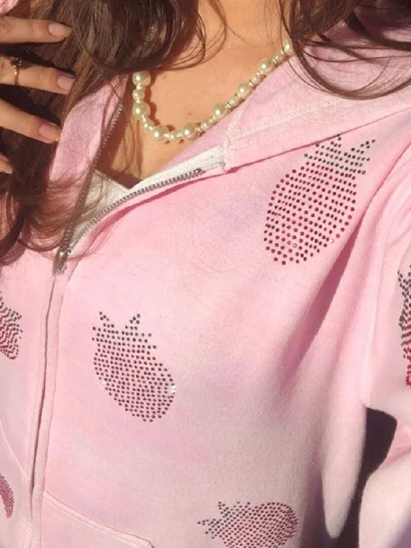 Strawberry Rhinestone Print Zip Up Oversized Hoodie