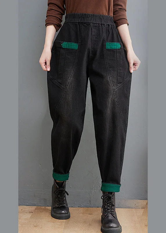 Style Black Pockets Patchwork denim Pants Spring