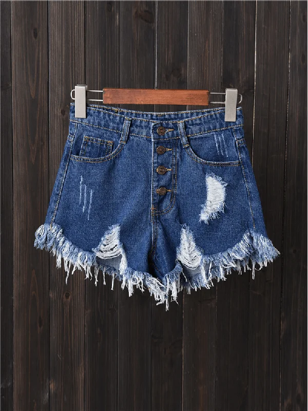 Women Button up Pocket Loose Hollow Ripped Denim Shorts