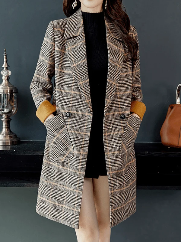 Women Classic Plaid Double Breasted Long Sleeve Coat with Pocket