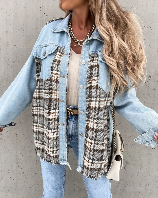 Single-breasted Pile Collar Grid Pattern Denim Outerwear Cardigans