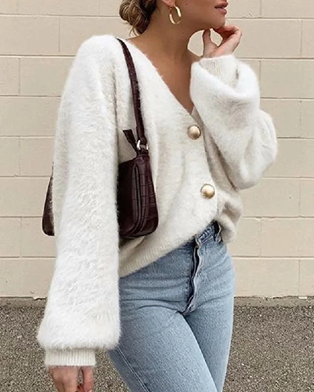 Single-breasted Deep V-neck Puff Sleeve Knitting Cardigan