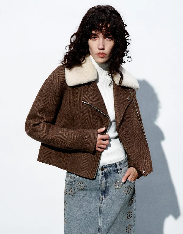 Zipper Side Woolen Jacket With Furry Collar