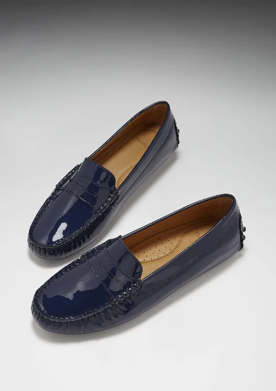 Women's Penny Driving Loafers, navy blue patent leather