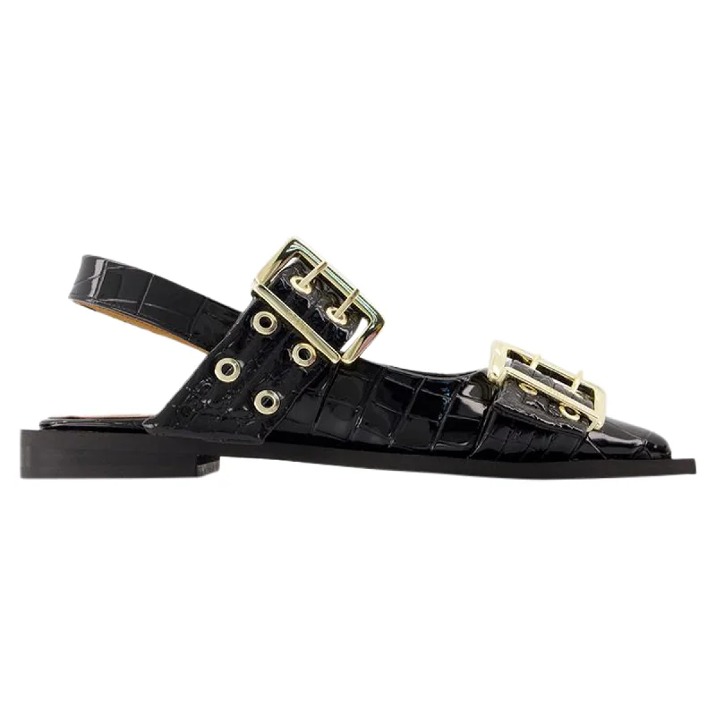 Feminine Buckle Ballerinas - Ganni - Synthetic Leather - Black