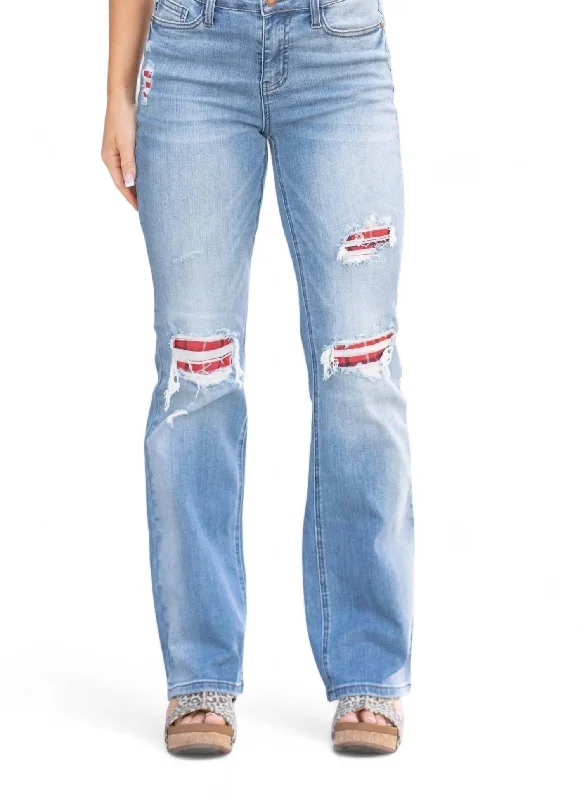 One Click Away from Big Savings!One Click Away from Big Savings!Plaid Patch Detail Bootcut Jean In Medium Blue One Click Away from Big Savings!One Click Away from Big Savings!Plaid Patch Detail Bootcut Jean In Medium Blue