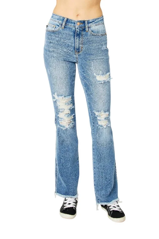 Lowest Prices Guaranteed!Lowest Prices Guaranteed!Women's Frayed Hem High Rise Bootcut Jeans In Blue Lowest Prices Guaranteed!Lowest Prices Guaranteed!Women's Frayed Hem High Rise Bootcut Jeans In Blue