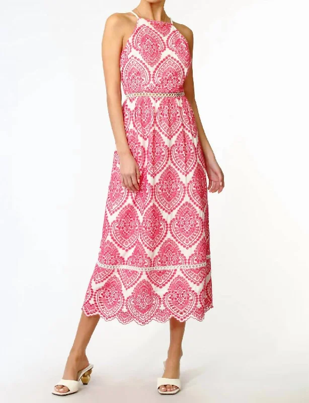 Save More Than Ever!Save More Than Ever!Amelia Halter Embroidered Midi Dress In Flamingo