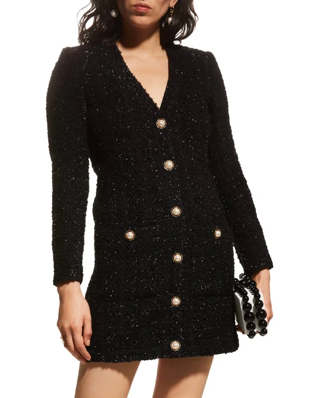 Limited Time Offer!Limited Time Offer!Kenai Faux Pearl Button Long Sleeve Mini Dress In Black Limited Time Offer!Limited Time Offer!Kenai Faux Pearl Button Long Sleeve Mini Dress In Black