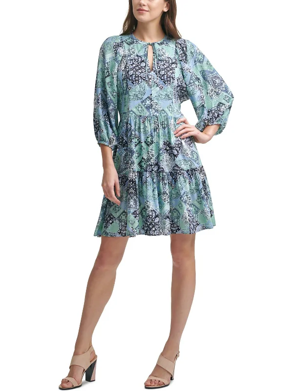Limited-Time Price Drop!Limited-Time Price Drop!Petites Womens Printed Tie Neck Mini Dress Limited-Time Price Drop!Limited-Time Price Drop!Petites Womens Printed Tie Neck Mini Dress