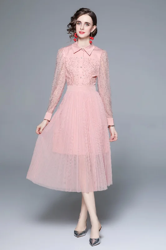 Special Discounts Inside!Special Discounts Inside!Pink Cocktail A-line Shirt Colar Long Sleeve Pleated Midi Dress Special Discounts Inside!Special Discounts Inside!Pink Cocktail A-line Shirt Colar Long Sleeve Pleated Midi Dress