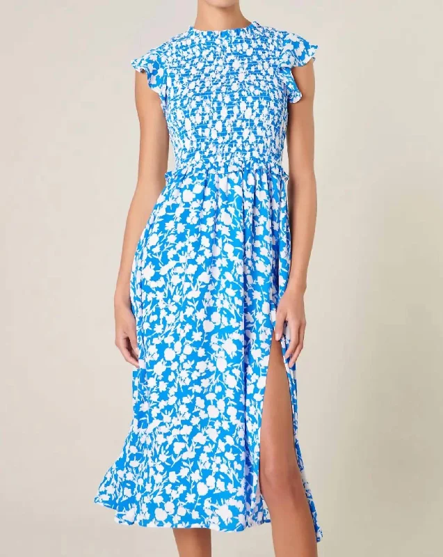 Your Favorite Items on Sale Now!Your Favorite Items on Sale Now!Promise Keeper Smocked Floral Midi Dress In Blue And Ivory