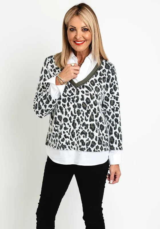 Shop Now and Save!Shop Now and Save!Just White Two in One Leopard Print Knit Sweater and Shirt Set, Khaki