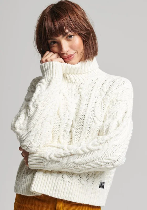 Enjoy Huge Discounts Now!Enjoy Huge Discounts Now!Superdry Womens High Neck Cable Knit Sweater, Ecru Enjoy Huge Discounts Now!Enjoy Huge Discounts Now!Superdry Womens High Neck Cable Knit Sweater, Ecru