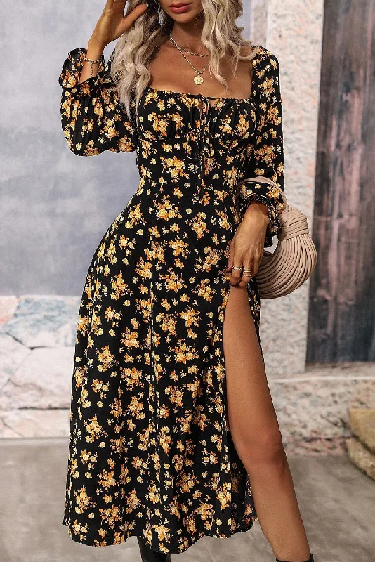 Enjoy Huge Discounts Now!Enjoy Huge Discounts Now!Floral Puff Sleeve Slit Dress