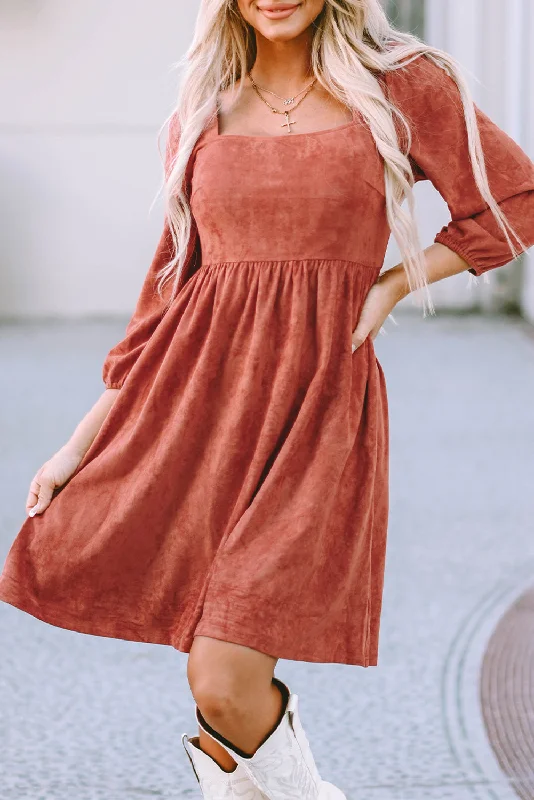 Special Discounts Inside!Special Discounts Inside!Suede Shirred Puff Sleeve Dress