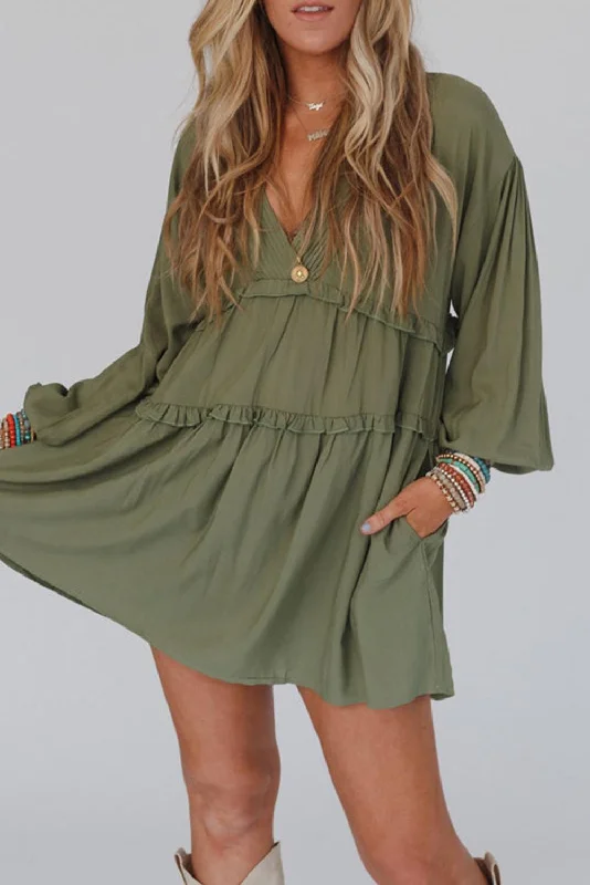 Unbeatable Prices!Unbeatable Prices!Ruffle Balloon Sleeve Dress w/Pockets