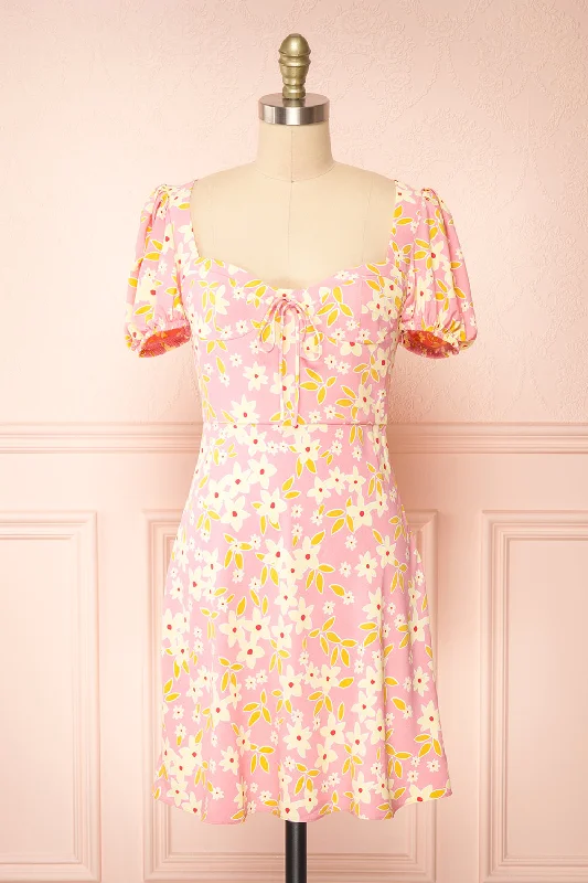 Shop Smart, Save Big!Shop Smart, Save Big!Olga | Short Pink Floral Dress w/ Puffy Sleeves Shop Smart, Save Big!Shop Smart, Save Big!Olga | Short Pink Floral Dress w/ Puffy Sleeves