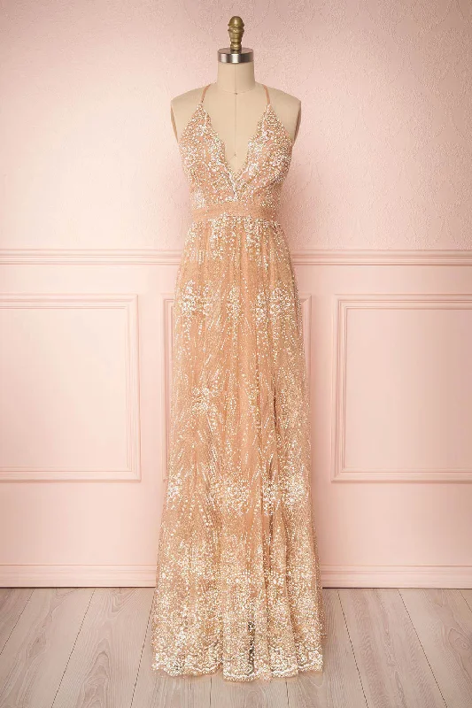 Limited-Time Price Drop!Limited-Time Price Drop!Sharidan Rosegold | Glitter Mesh Maxi Dress Limited-Time Price Drop!Limited-Time Price Drop!Sharidan Rosegold | Glitter Mesh Maxi Dress
