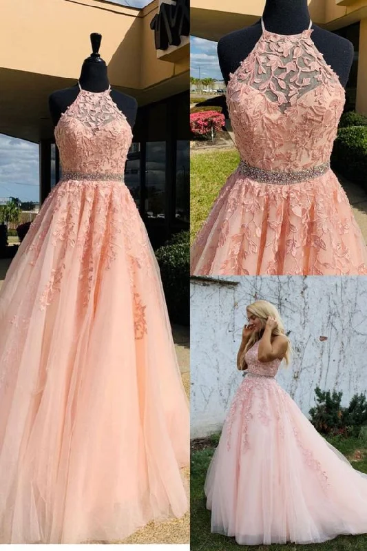 Biggest Sale of the Season!Biggest Sale of the Season!2021 Halter Pink Lace Prom Dress with Appliques, cg20305 Biggest Sale of the Season!Biggest Sale of the Season!2021 Halter Pink Lace Prom Dress with Appliques, cg20305