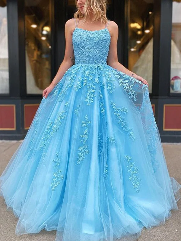 Huge Price Cuts Await!Huge Price Cuts Await!A-line Blue Formal Lace Spaghetti Straps Party Long Prom Dresses PD245