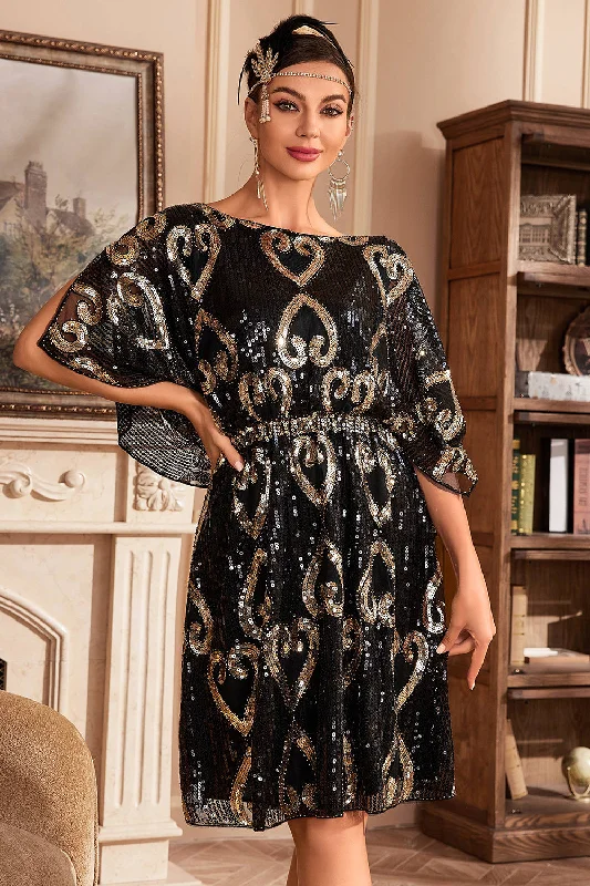 Shop Early, Save Big!Shop Early, Save Big!Black Glitter Sequins 1920s Dress with Batwing Sleeves Shop Early, Save Big!Shop Early, Save Big!Black Glitter Sequins 1920s Dress with Batwing Sleeves