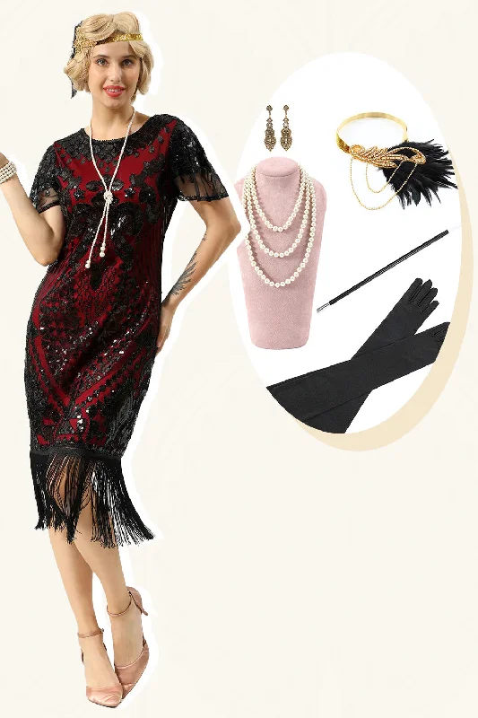 Steals and Deals Await!Steals and Deals Await!Black Red Sequins Fringed Cap Sleeves 1920s Dress with Accessories Set Steals and Deals Await!Steals and Deals Await!Black Red Sequins Fringed Cap Sleeves 1920s Dress with Accessories Set